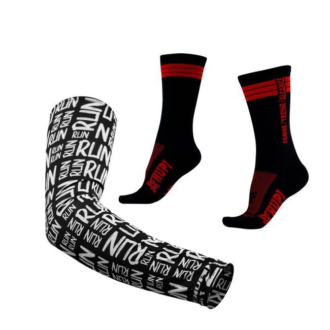 Kit Manguito HUPI Run Preto e Meia HUPI Sonhe Treine Alcance Preto/Vermelho