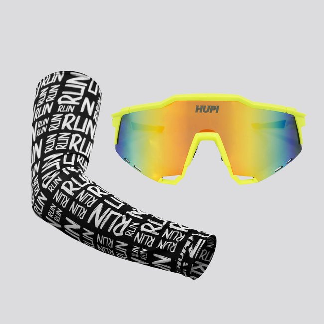 Kit Manguito Preto e Óculos Stelvio Amarelo Neon/Preto - Lente Dourado Espelhado