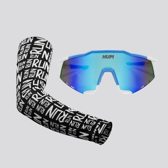 Kit Manguito Preto e Óculos Stelvio Branco/Azul - Lente Azul Espelhado