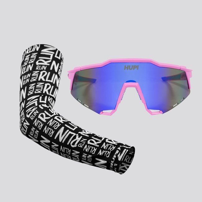 Kit Manguito Preto e Óculos Stelvio Rosa/Azul - Lente Azul Espelhado