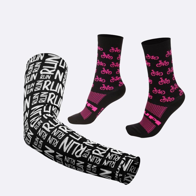 Kit Manguito Preto e Meia Bike Rosa - LT para pés menores 34-38