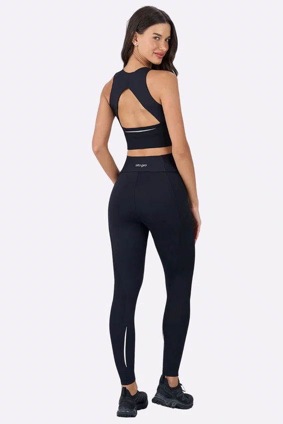 Legging Alto Giro Recortes Canelados Feminina Preta