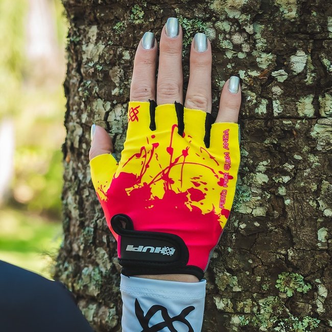 Luva Ciclismo HUPI Eco Dedo Curto Splash Amarelo/Rosa