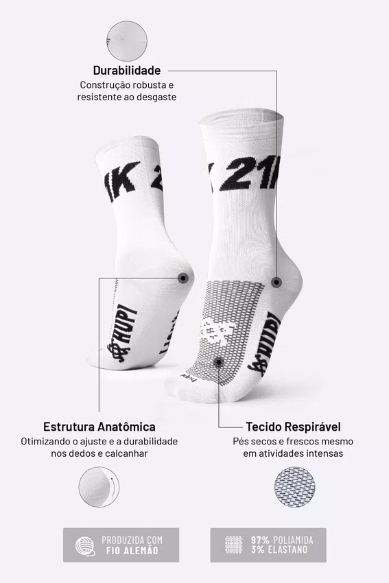 Meia Corrida HUPI 21K Branco - LT para pés menores 34-38