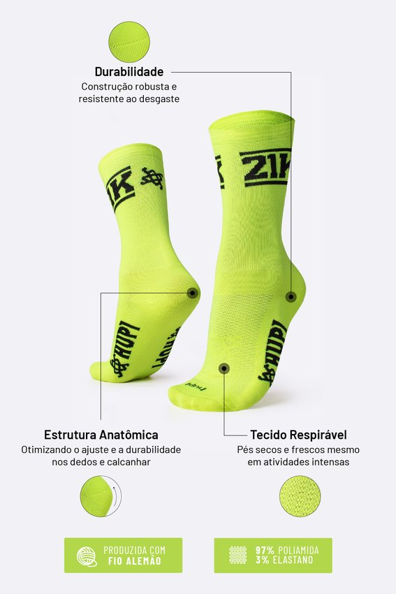 Meia Corrida HUPI 21K Neo Amarelo Neon