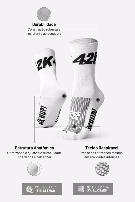 Meia Corrida HUPI 42K Branco - LT para pés menores 34-38
