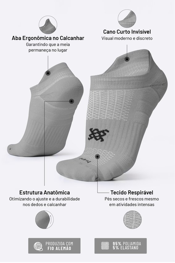 Meia Curta para Corrida HUPI Running Pro Invisível Cinza Nardo