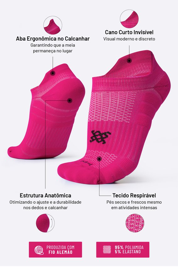 Meia Curta para Corrida HUPI Running Pro Invisível Rosa Magenta