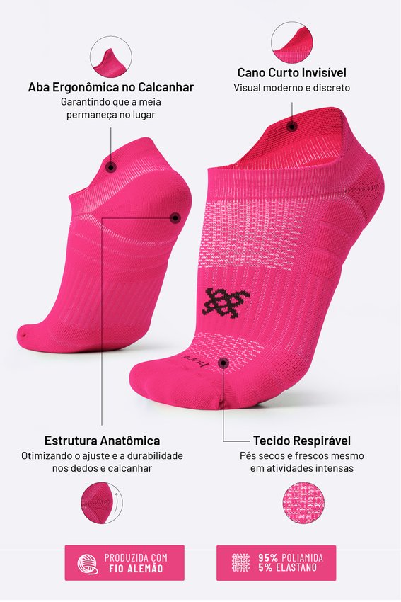 Meia Curta para Corrida HUPI Running Pro Invisível Rosa Neon - LT