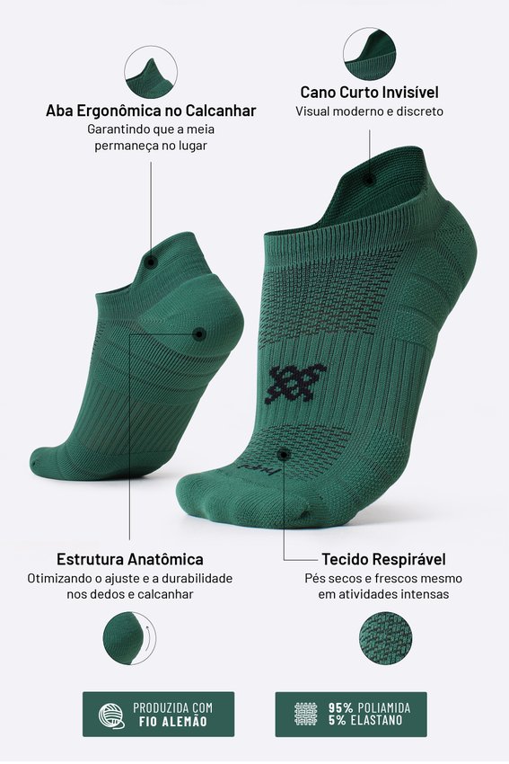 Meia Curta para Corrida HUPI Running Pro Invisível Verde Bandeira