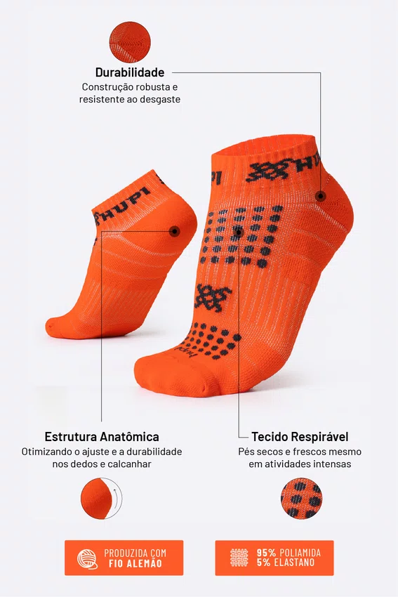 Meia Curta para Corrida HUPI Running Pro Laranja Neon