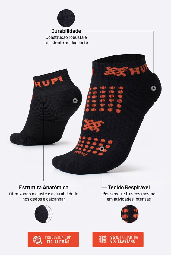 Meia Curta para Corrida HUPI - Running Pro Preto/Laranja