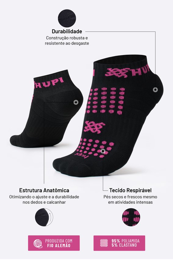 Meia Curta para Corrida HUPI - Running Pro Preto/Rosa