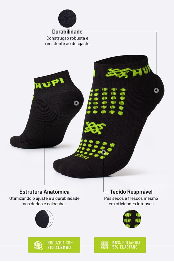 Meia Curta para Corrida HUPI - Running Pro Preto/Verde