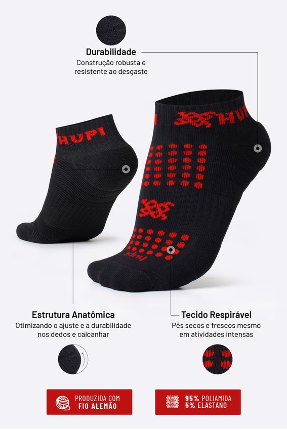 Meia Curta para Corrida HUPI - Running Pro Preto/Vermelho