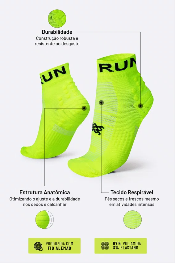 Meia Curta para Corrida HUPI Running Pro Run Amarelo Neon