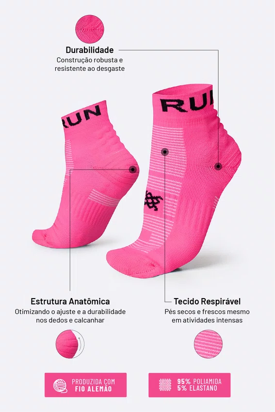 Meia Curta para Corrida HUPI Running Pro Run Rosa Neon