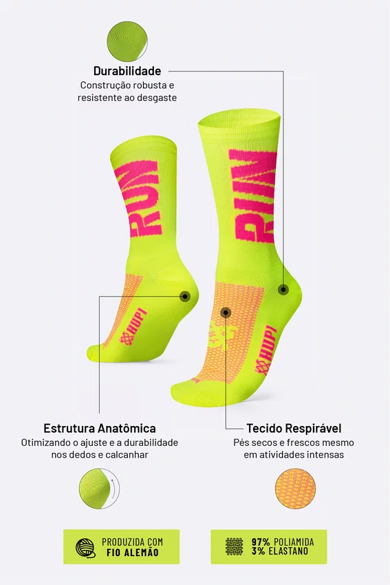 Meia de Corrida HUPI Run Amarelo Neon/Rosa