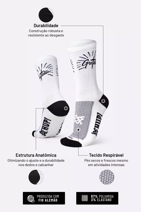 Meia Gratidão Branco/Preto HUPI - LT para pés menores 34-38