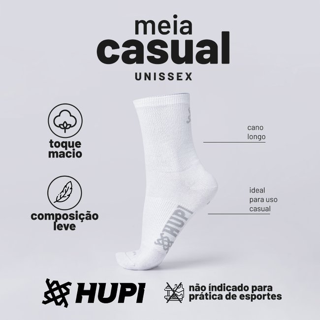 Meia HUPI Casual Cano Longo Algodão Branco - Kit 06 Pares Unissex