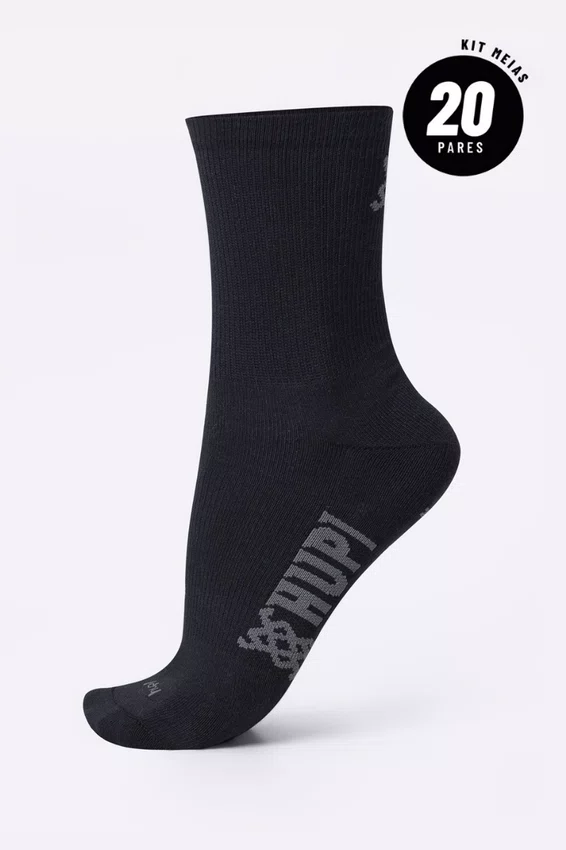 Meia HUPI Casual Cano Longo Algodão Preto - Kit 20 Pares Unissex