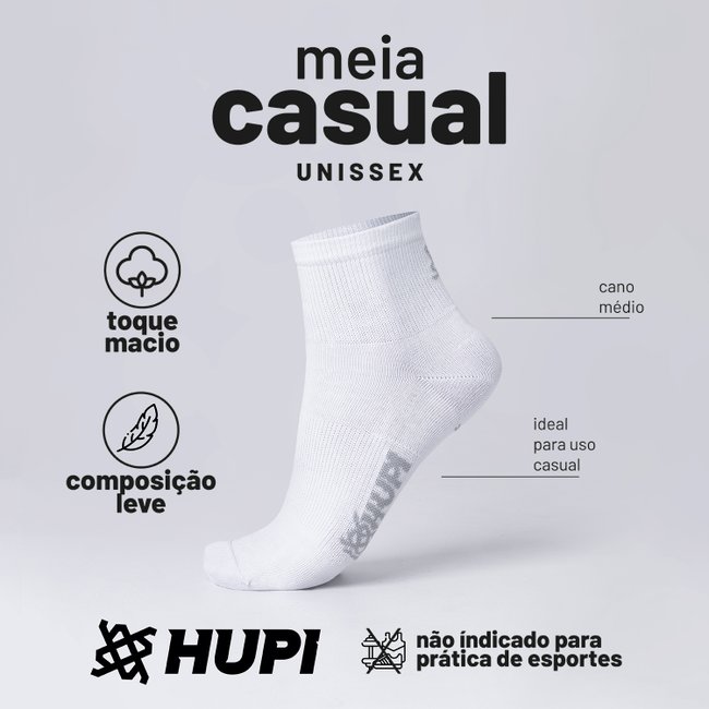 Meia HUPI Casual Cano Curto Algodão Branco - Kit 06 Pares Unissex