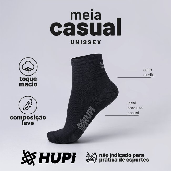 Meia HUPI Casual Cano Curto Algodão Preto - Kit 20 Pares Unissex