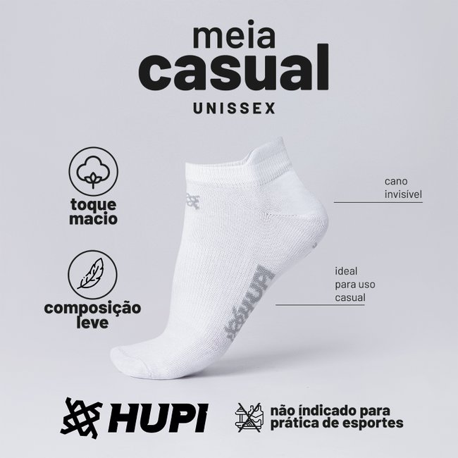 Meia HUPI Casual Invisível Algodão Branco - Kit 09 Pares Unissex