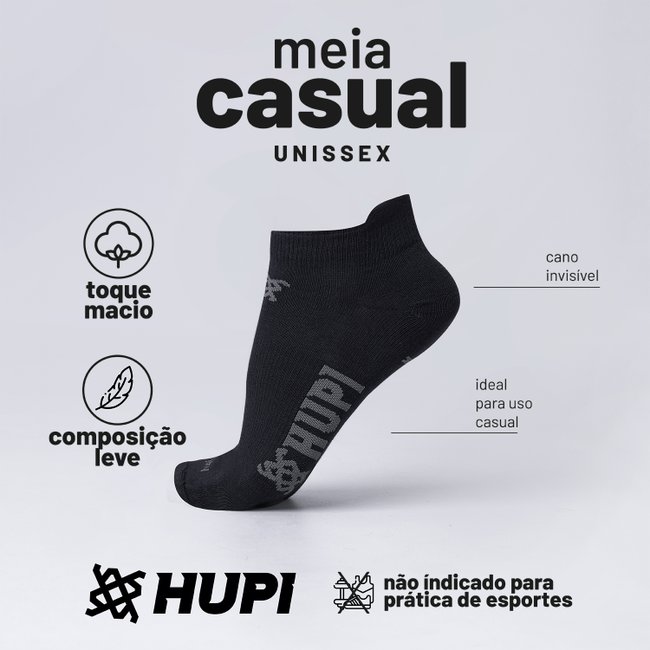 Meia HUPI Casual Invisível Algodão Preto - Kit 03 Pares Unissex