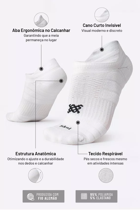 Meia Curta para Corrida HUPI Running Pro Invisível Branco LT