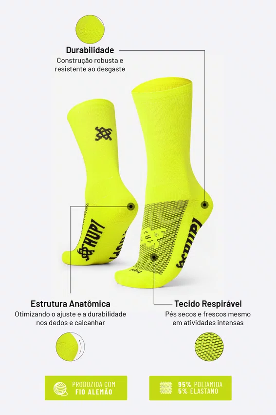 Meia HUPI Lisa Amarelo Neon - Tamanho Plus 42-46