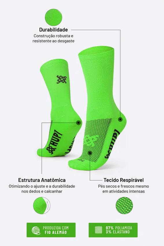 Meia HUPI Lisa Verde Neon - Tamanho Plus 42-46