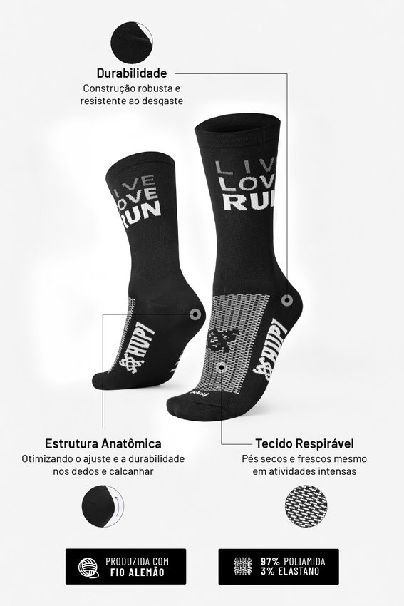 Meia HUPI Live Love Run Preto - LT para pés menores 34-38