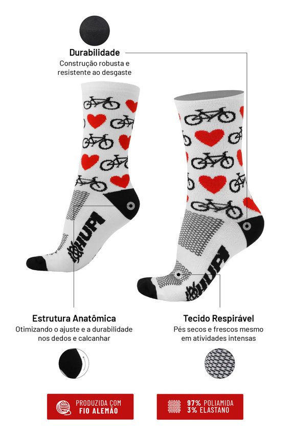 Meia HUPI Love Bike Branco - LT para pés menores 34-38