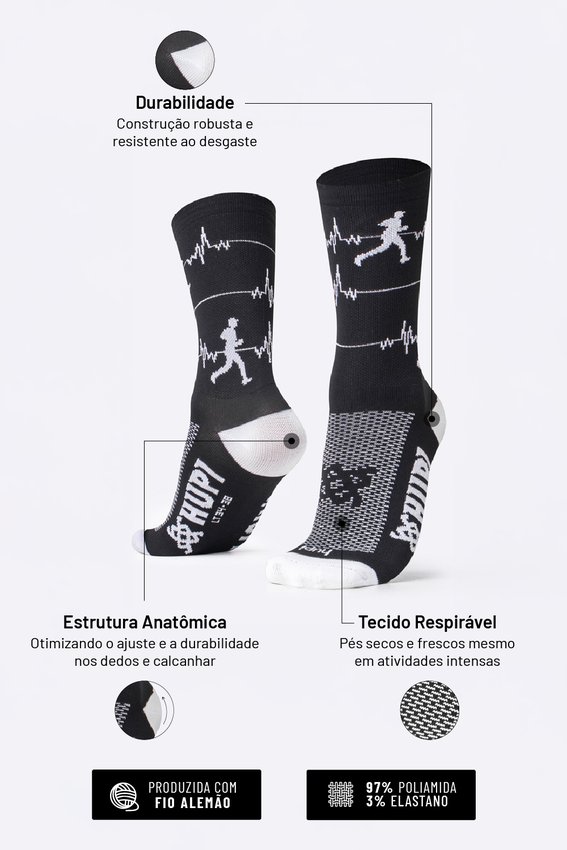 Meia HUPI Run Beats Preto - LT para pés menores 34-38