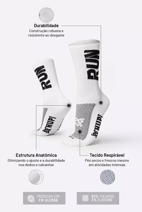 Meia HUPI Run Branco Preto - Tamanho Plus 42-46