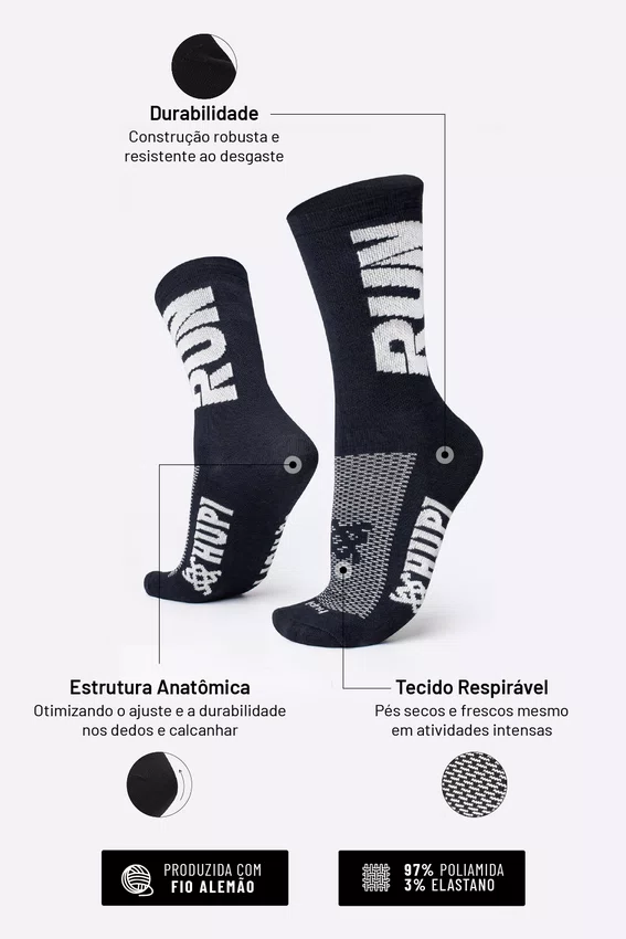 Meia HUPI Run Preto e Branco - Tamanho Plus 42-46