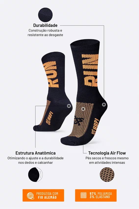 Meia HUPI Run Preto/Laranja