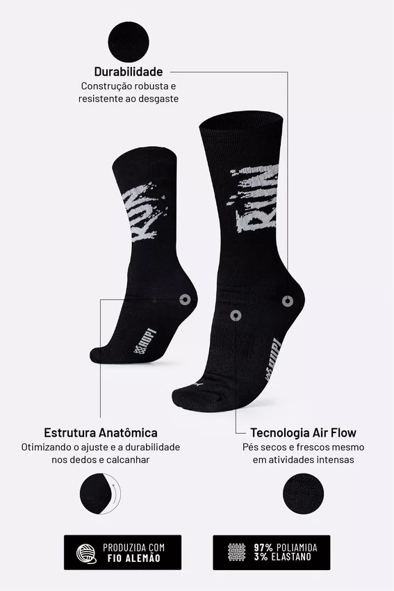 Meia HUPI Run Splash Preto Pés Menores 34–38