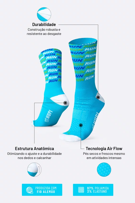 Meia HUPI Run Tri Azul Pés Menores 34–38