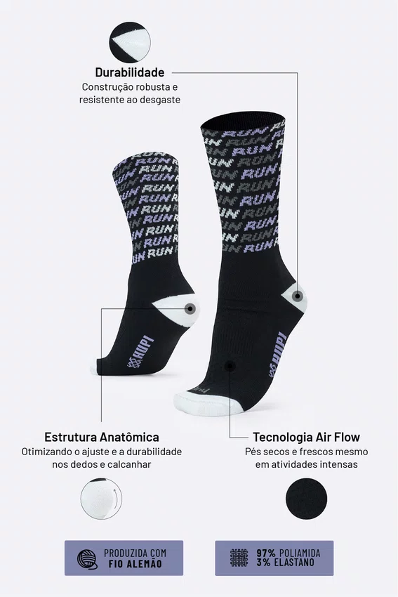 Meia HUPI Run Tri Preto e Roxo