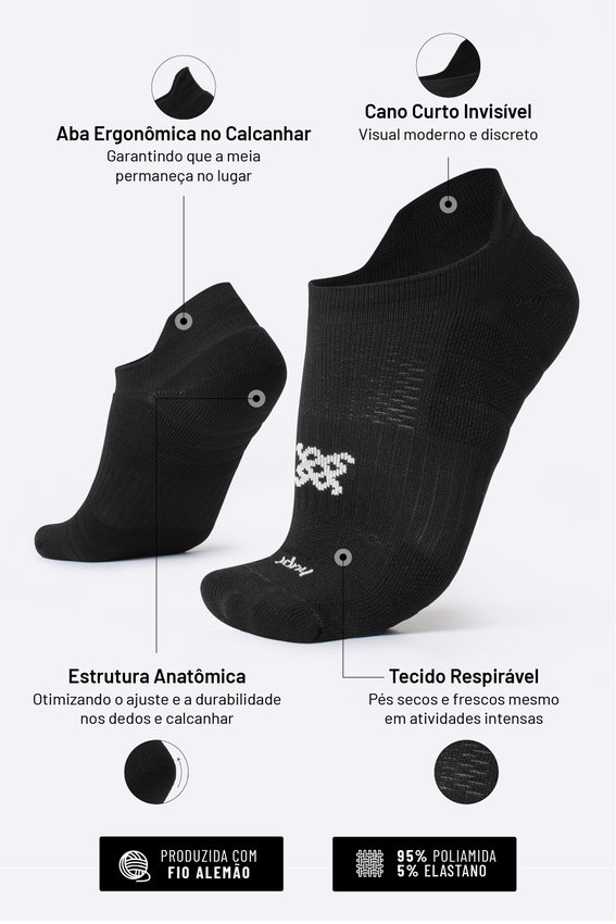 Meia HUPI Running Pro Invisível Preto - Tamanho Plus 42-46