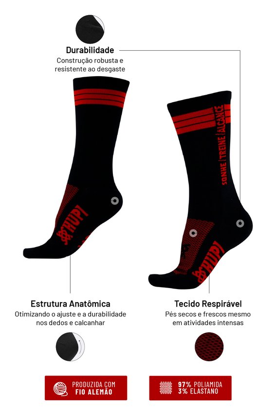 Meia HUPI Sonhe Treine Alcance Preto/Vermelho