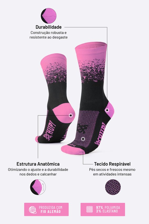 Meia HUPI Splash Preto e Rosa - LT para pés menores 34-38