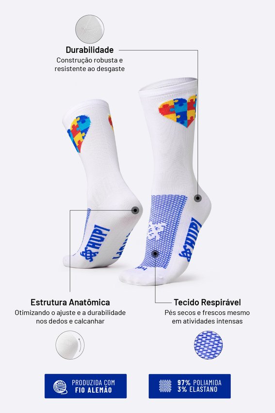 Meia HUPI Tea Autismo Heart Branco - LT para pés menores 34-38