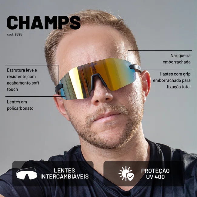 Óculos de Sol HUPI Champs Preto Lente Dourado Espelhado