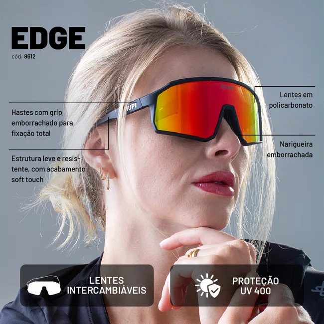 Óculos de Sol HUPI Edge Preto Lente Vermelho Espelhado