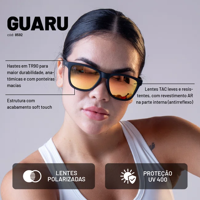 Óculos de Sol HUPI Guaru Preto Lente Dourado Espelhado