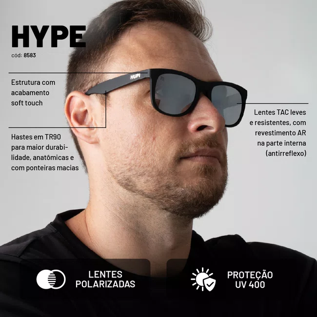 Óculos de Sol HUPI Hype Preto Lente Prata Espelhado