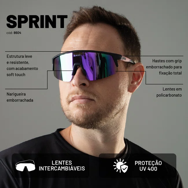 Óculos de Sol HUPI Sprint Preto e Roxo Lente Roxo Espelhado